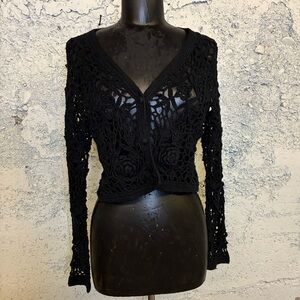 90s Vintage Black Crochet Open-Front Cardigan